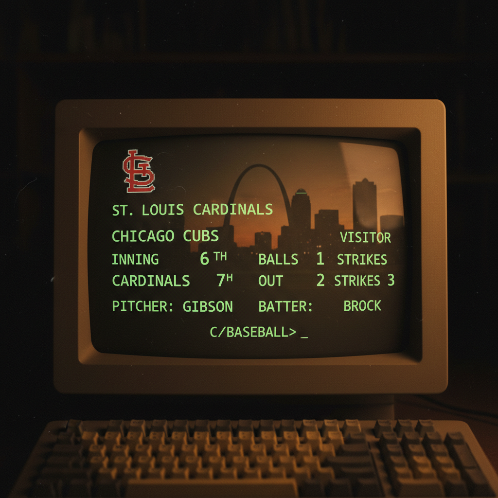 Retro terminal window showing a Cardinals baseball scoreboard with green monospace text