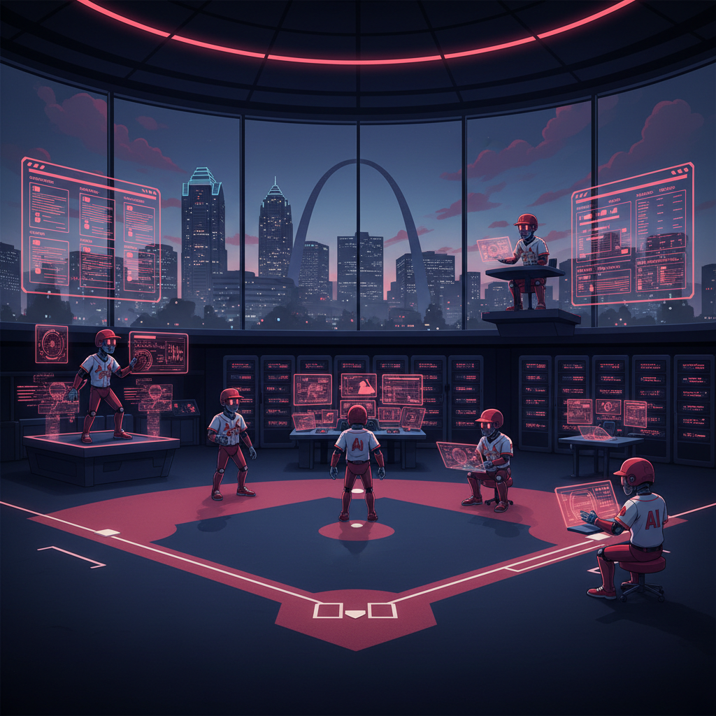 Five AI agents as Cardinals baseball players in a futuristic bullpen operations center