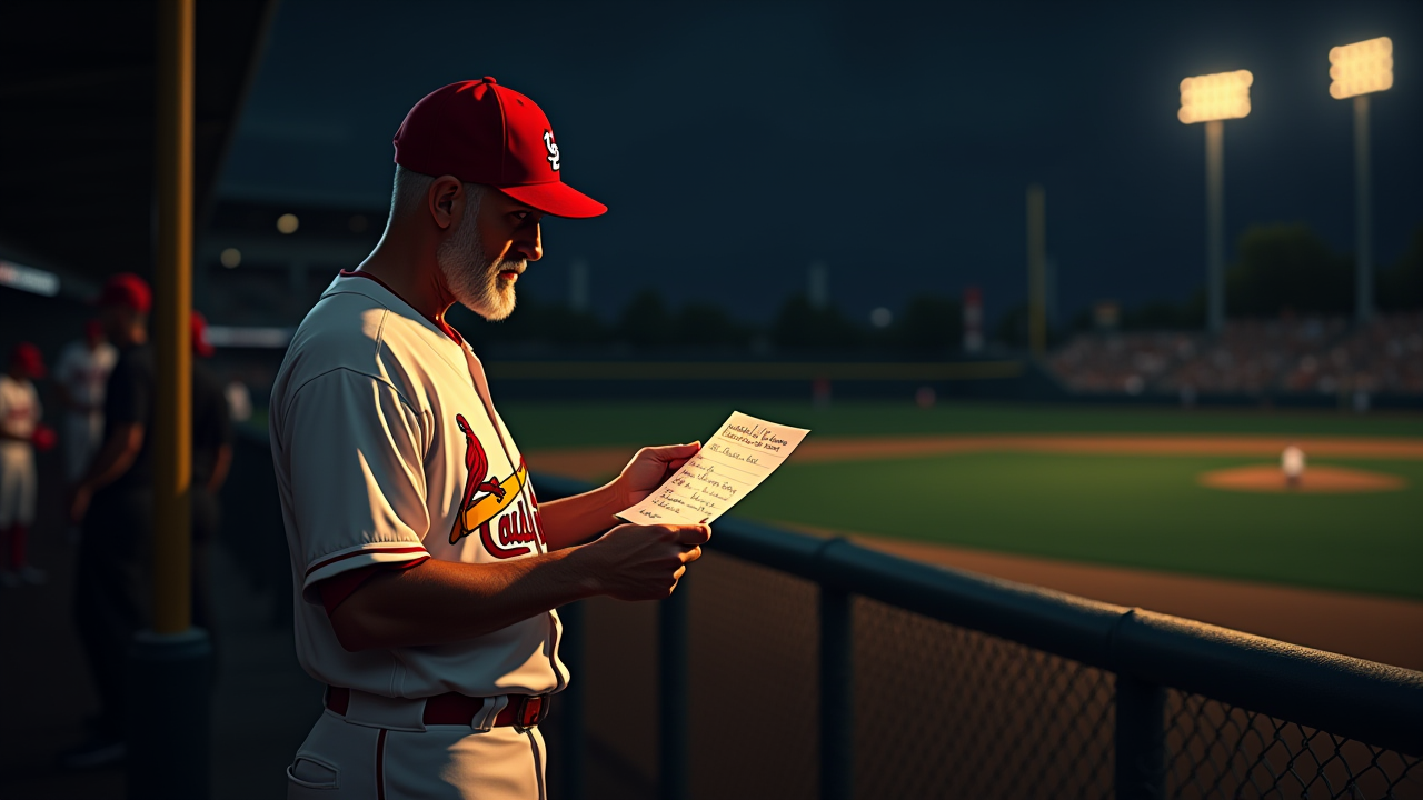 Baseball manager on dugout step with lineup card showing AI agent names and crossed-out lesser models