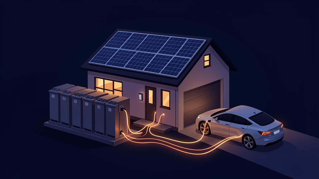 Solar panels, battery bank, and Tesla charging at dusk with glowing energy flow lines